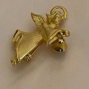 Vintage Robyn Rush Gold Tone Angel with Bell brooch pin Made in USA